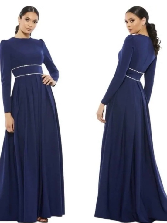 Ieena For Mac Duggal Dresses & Skirts - Navy Maxi Dress with Embellished Waist - Women's Long Sleeve Formal Gown